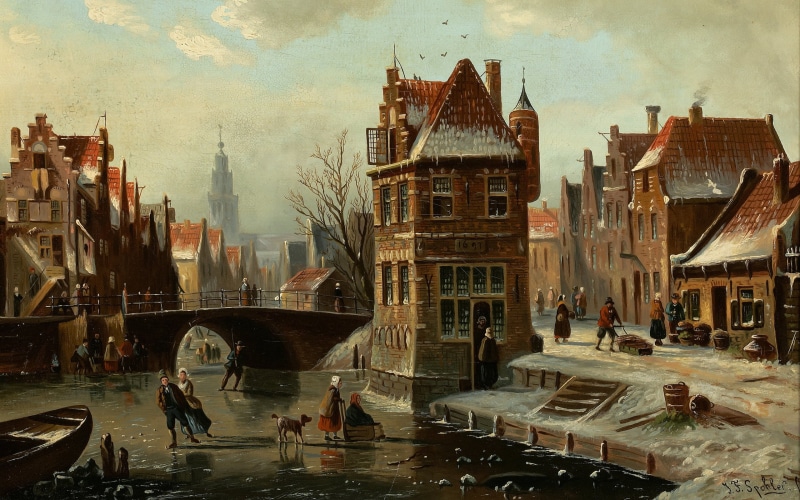 Scene on the canal with skaters, Dutch painter, oil on canvas, Dutch artist, Johannes Franciscus Spohler, Canal Scene with Skaters, 2K, Johann Francis