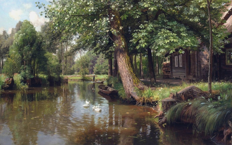 Danish realist painter, Peter Merk Of Menstad, 1080P, Punting on the river, Danish painter, Floating down the river, 1914, Peder Mørk Mønsted