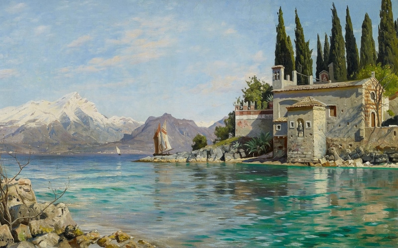 First spring at Punta San Vigilio on lake Garda, 1909, Peder Mørk Mønsted, 2K, Danish realist painter, First spring in Punta San vigilio on lake Garda