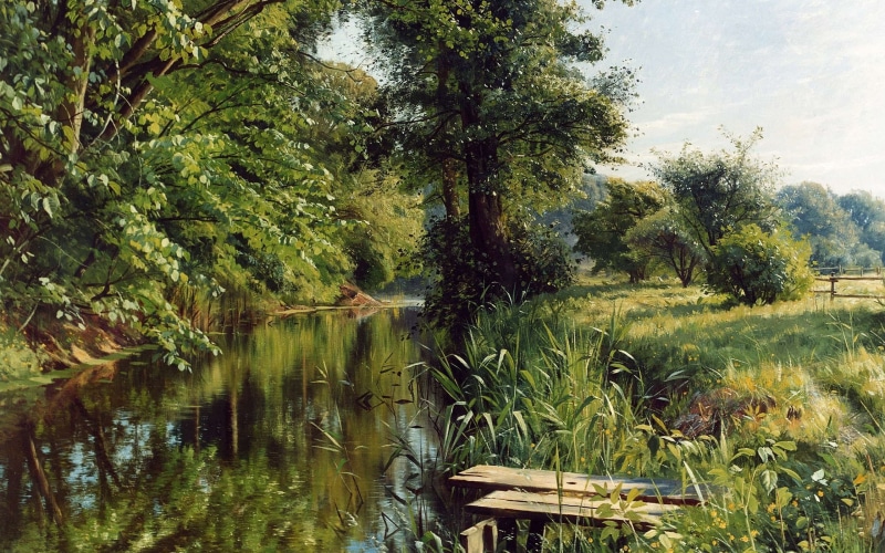 Danish realist painter, outdoors, foliage, beauty in nature, tree, tranquility, plant, nature, no people, water, Danish painter, land, tranquil scene, Peder Mørk Mønsted