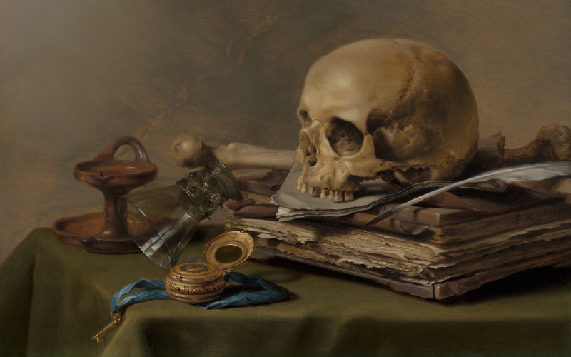 Dutch artist, Peter., oil on panel, Dutch Golden Age painter, Vanitas still life, 5K, Pieter Claesz, 1630, Still life with skull