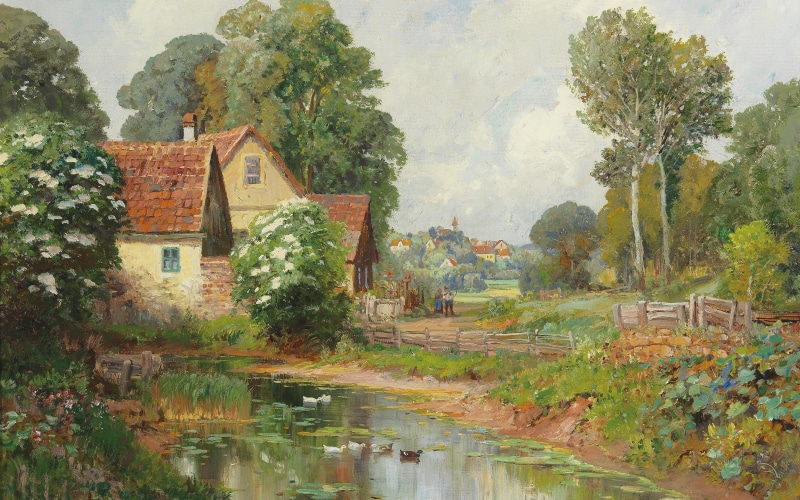 oil on canvas, Landscape with village in the Background, Alois Arnegger, Austrian painter, 2K