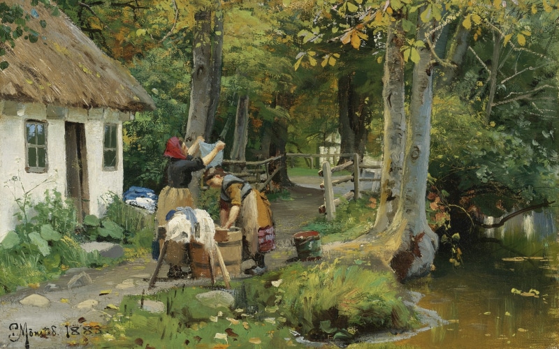 Danish realist painter, Peter Merk Of Menstad, Danish painter, Laundry day, Washing Day, 4K, 1883, Peder Mørk Mønsted