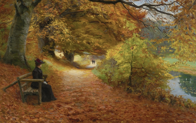 Forest road in autumn, 4K, Wooded path in autumn, Hans Andersen Brendekilde, Danish painter