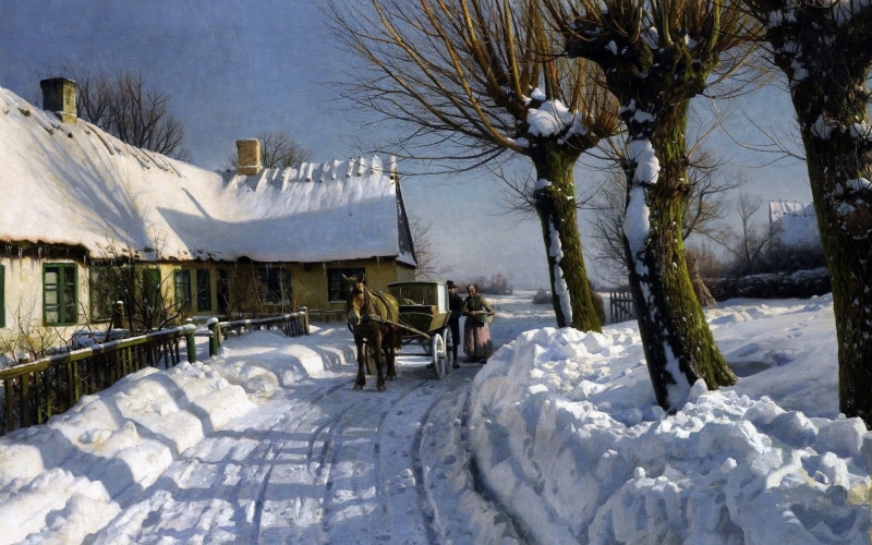 Winter Herstedvester, Danish realist painter, Winter in Herstedvester, Peder Mørk Mønsted, 1923-24, Danish painter, Peter Merk Of Menstad, 1080P