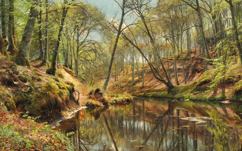 5K, Danish realist painter, Spring day in the woods Saeby, 1897, A spring day in the forest at Sæby, Danish painter, Peder Mørk Mønsted, Peter Merk Of