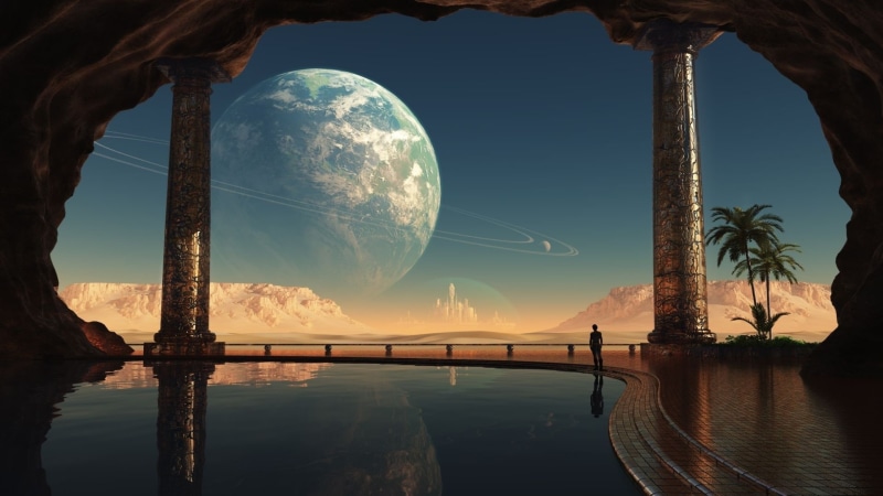 reflection, 1080P, Fiction, ring, people, planet, view, the city, cave, the dome, pool, mountains