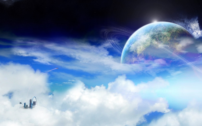 1080P, cloud city, the sky, space, Fantasy world, dreamland, planet, city, ring, sky, sci-fi, rocket, fiction, clouds, future