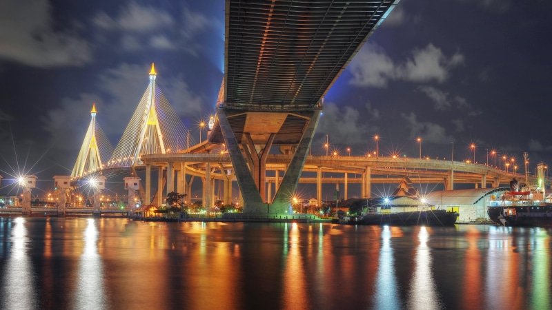metropolis, connection, phra pradaeng district, cloud - sky, asia, river, cityscape, no people, transportation, city lights, 4K, thailand, sky, office building exterior