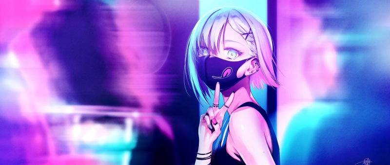 city lights, blue eyes, 2K, piercing, white hair, anime girls, anime, mask, wristband, rings