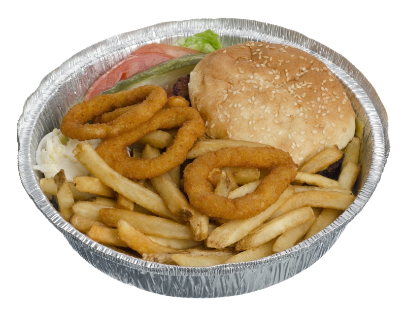 high angle view, studio shot, beef, still life, onion rings, burger, cuisine, white background, meal, snack, prepared potato, 2K, no people, Cheeseburger