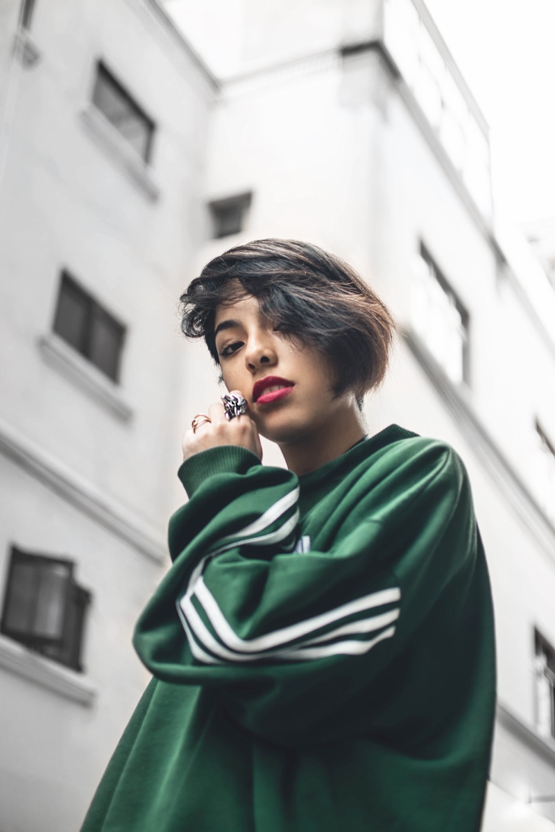 urban, urban Scene, pose, cute, cheerful, human Face, adidas, jacket, discussion, short hair, beauty, 5K, smart Phone, fashion Model, beautiful, style