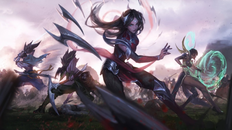 blades, Akali, looking at viewer, Yasuo (League of Legends), Karma, Yasuo, Girl With Weapon, Akali(League of Legends), Karma (League of Legends), Irelia