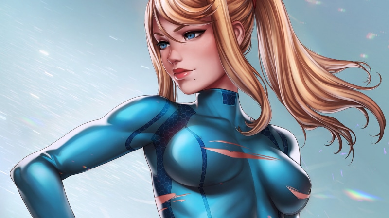 Zero Suit Samus, long hair, 2K, blonde, women, Metroid, portrait, torn clothes, blue, hair, hairstyle, beautiful woman, turquoise colored, looking at camera