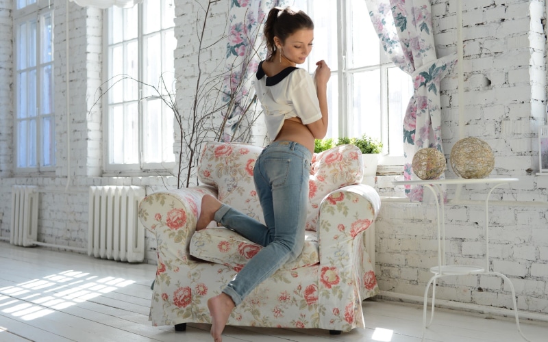 kneeling, model, chair, real people, full length, day, leisure activity, Foxy Di, armchairs, innocence, window, women, blue, lifestyles, barefoot, casual clothing