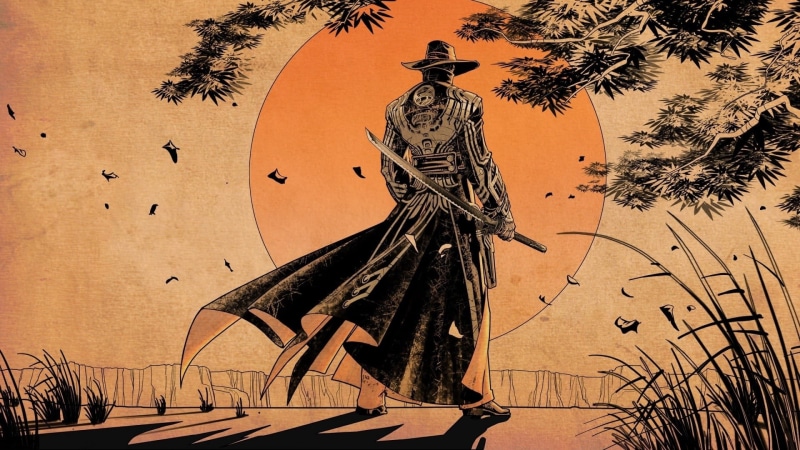sculpture, sunset, male likeness, outdoors, craft, samurai, nature, day, sunlight, plant, statue, history, representation, man, sword, wall - building feature
