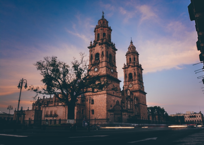 spire, morelia cathedral, michoacan, sky, sunrise, ornate, mexican church, building, place of worship, church, low angle view, sunset, no people, nature