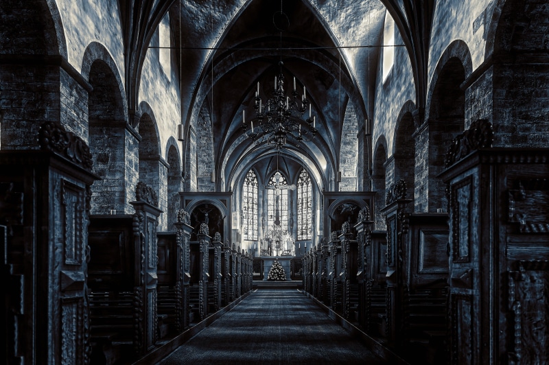 architecture, aisle, mystical, place of worship, dark, the past, religion, mood, no people, built structure, building exterior, black white, chapel, cathedral
