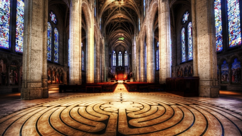 pattern, aisle, history, spirituality, HDR, glass, interior, church, 1080P, place of worship, art and craft, religion, belief, architecture, pew, no people