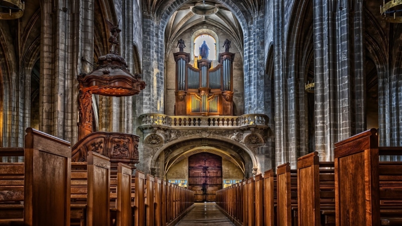 gothic style, architectural column, cathedral, travel destinations, aisle, altar, ceiling, 1080P, arch, belief, architecture and art, building exterior