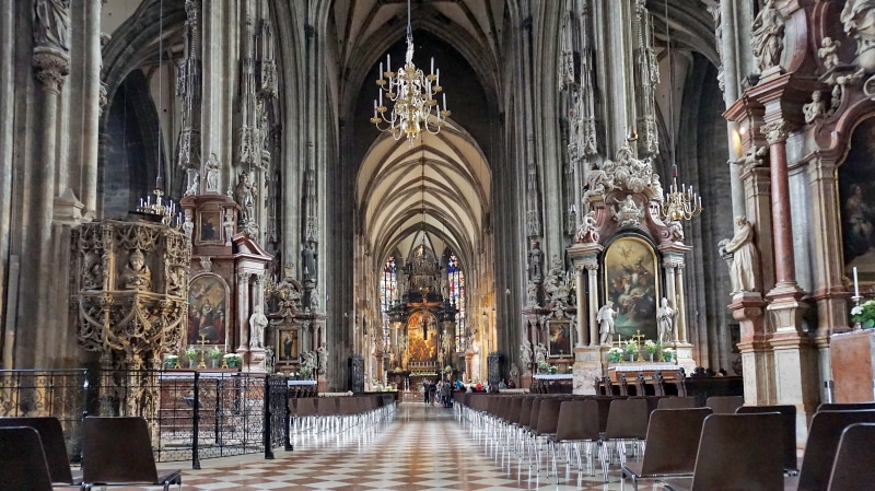 the past, built structure, arch, church, religion, indoors, ornate, archdiocese, vienna, austria, seat, the stephansdom, 4K, gothic, parish, dom, no people