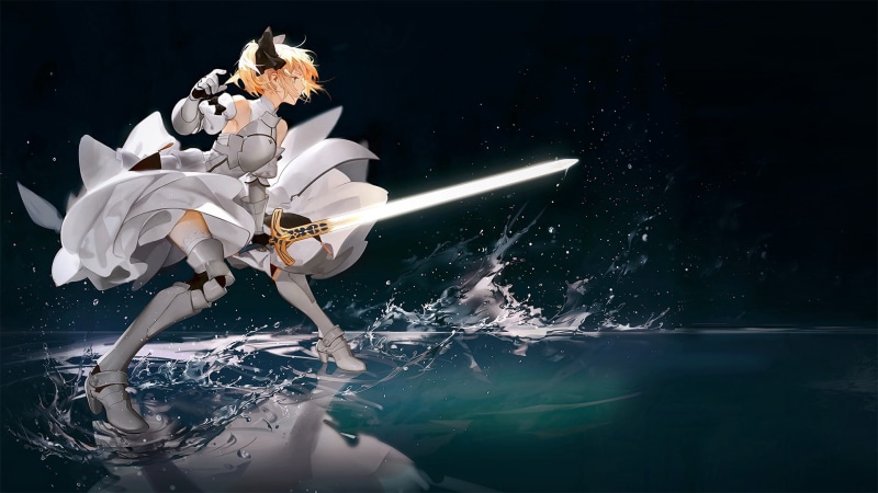 artwork, Saber, anime, reflection, anime girls, blonde, dress, water, armor, 1080P, women with swords, triple screen, ribbon, sword, gauntlets, Fate Series