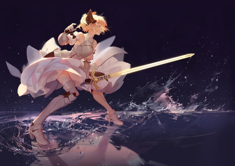 outdoors, gauntlets, Fate Series, swimming pool, thigh-highs, Fate/Unlimited Codes, water, anime, leisure activity, digital composite, ribbon, sword, dress