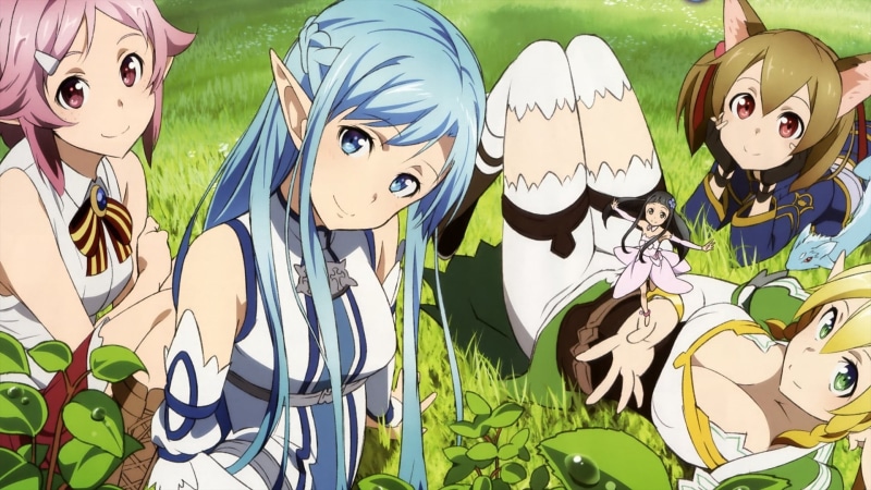 celebration, Yuuki Asuna, art and craft, blue eyes, nature, pink hair, sword, male likeness, blue hair, blonde, outdoors, art, grass, wall - building feature