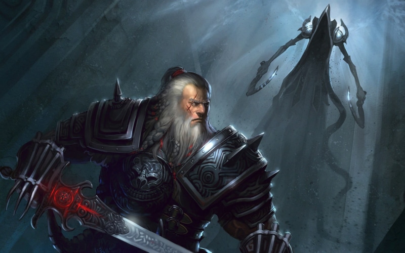 720P, sword, front view, haired, young adult, Diablo III, indoors, history, warrior, nature, the past, waist up, portrait, black color, fashion, digital art