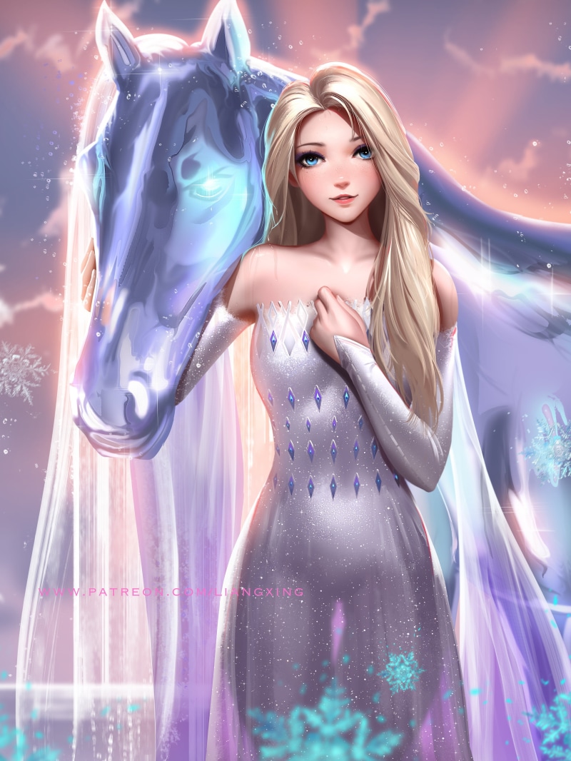 water drops, bare shoulders, fantasy art, clouds, Liang Xing, Frozen (movie), Elsa, illustration, drawing, smiling, Liang-Xing, freckles, blonde, dress