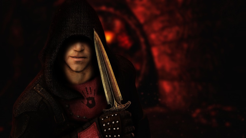 hat, one person, portrait, hooded shirt, focus on foreground, dark, indoors, young adult, character, game, hood, The Elder Scrolls V: Skyrim, video games