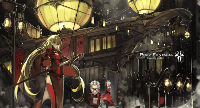city, no people, night, architecture, focus on foreground, electric lamp, illuminated, anime, Pixiv Fantasia: Fallen Kings, original characters, Armeechef