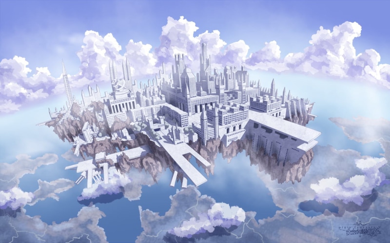 Pixiv Fantasia, flouting, clouds, cloud - sky, building exterior, digital, nature, outdoors, office building exterior, 720P, city, floating island