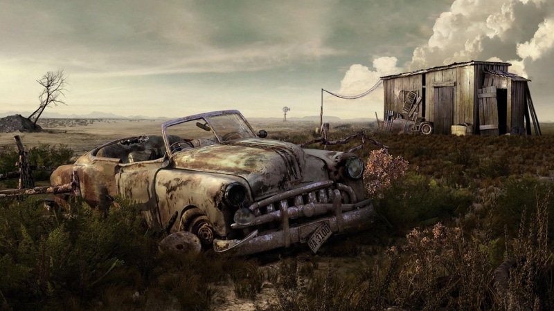 sky, landscape, tree, old car, deterioration, obsolete, cloud - sky, junkyard, demolished, old, 1080P, weathered, broken, bad condition, rust, history