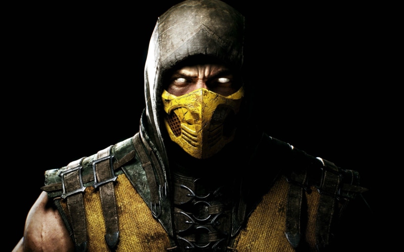 2K, video games, Mortal Kombat, yellow, leather armor, Scorpion (character)
