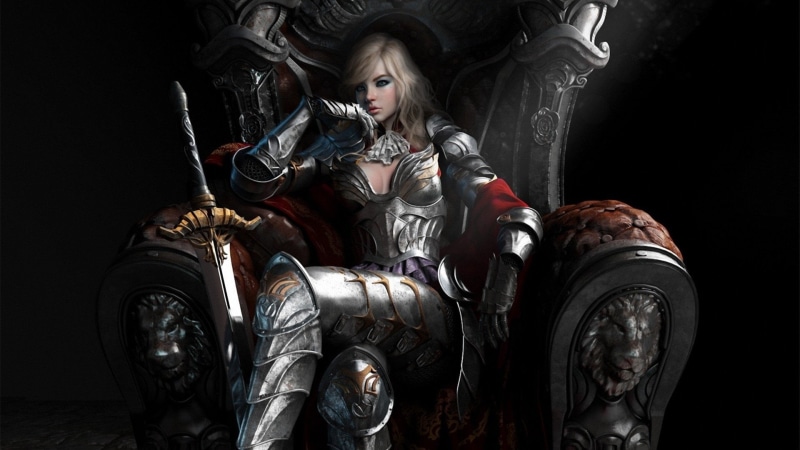weapon, adult, leather, woman, headwear, Women Warrior, metal, security, Throne, motorcycle, black background, wearing, one person, crash helmet, sitting