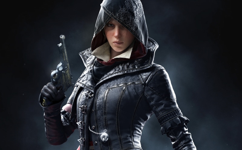 black, 4K, s, clothing, IndustrialRevolution, young women, assassins, London, creed, front view, sign, Games, AssassinsCreed, aggression, Assassins Creed