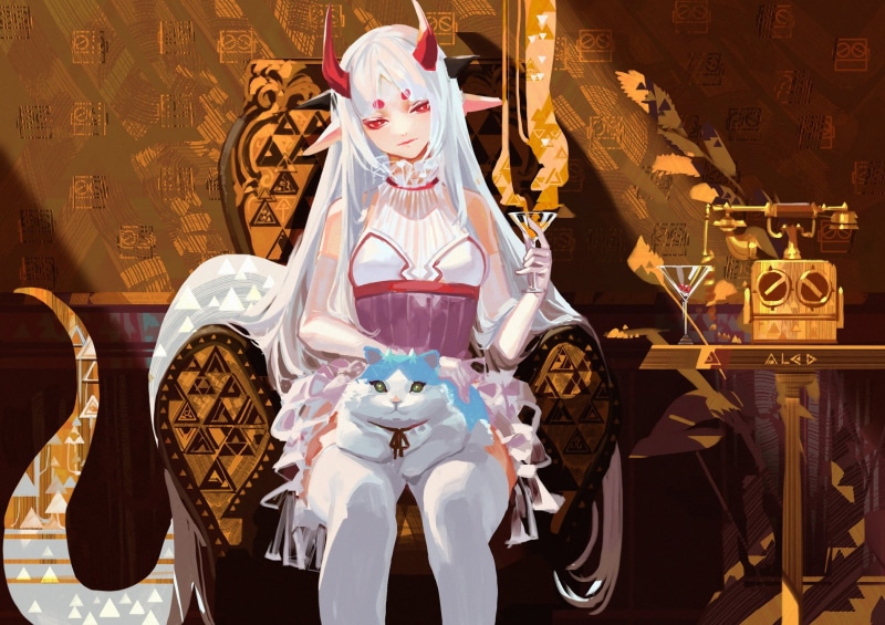 sitting, artwork, alcd, drawing, demon girls, anime, looking at viewer, Pixiv Fantasia, anime girls, digital art, telephone, horns, elbow gloves, white hair
