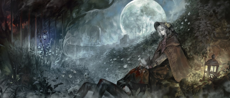 night, the doll, bloodborne, undead, 2K, art, lights, plants, cemetery, the hunter, guy, girl, alcd, blood, the moon