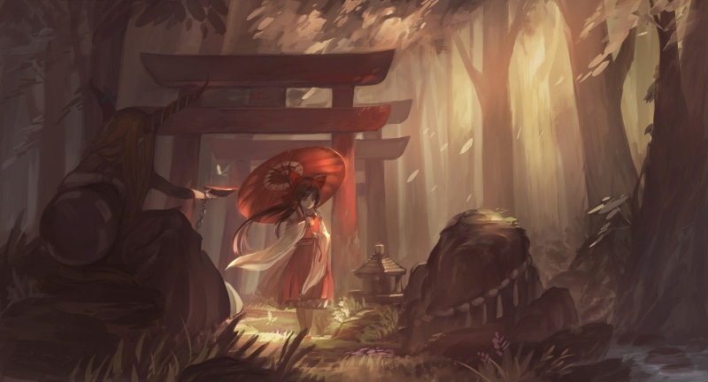 touhou, horns, suika, hakurei, reimu, ibuki, alcd, umbrella, 1080P