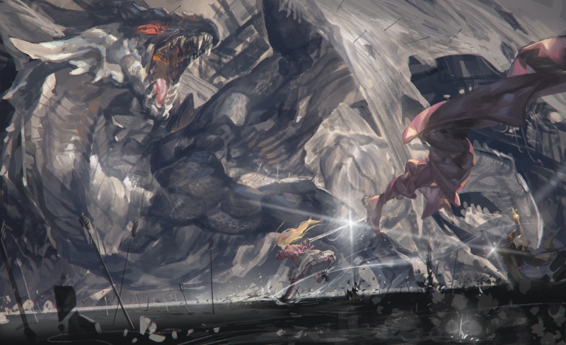 fantasia, sword, dragon, blonde, pixiv, dress, hair, alcd, 1080P, weapon