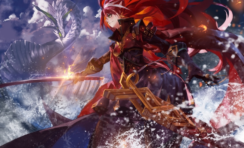 long, clouds, weapon, katana, dragon, orange, eyes, sword, water, pixiv, alcd, 2K, original, red, gloves, hair, pointed, ears, fantasia