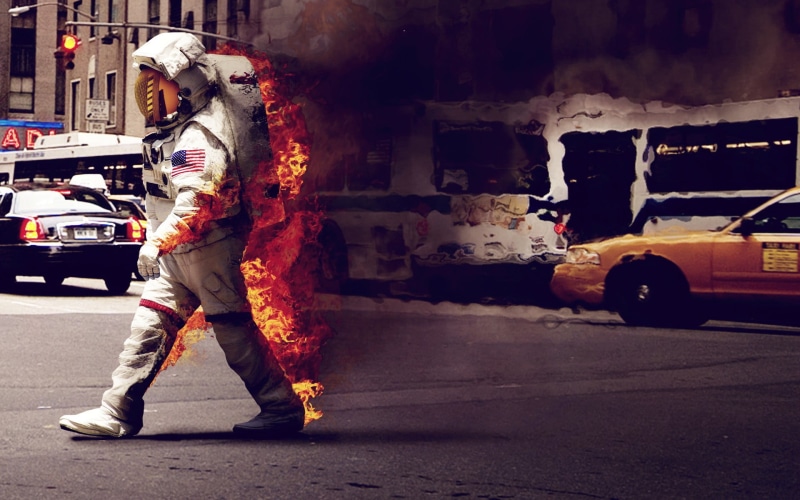 motor vehicle, standing, city Life, adult, people, burn, urban Scene, spaceman, USA, full length, car Accident, one person, spacesuit, costume, suit, real people