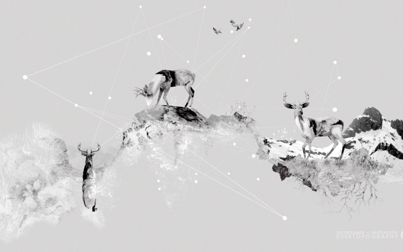 monochrome, broken, studio shot, multiple exposure, reindeer, three, painting, vulnerability, close-up, artwork, deer, misfortune, tree, indoors