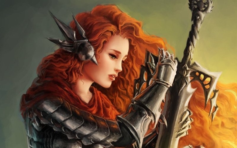 sword, artwork, redhead, 1080P, women, fantasy art, armor, warrior