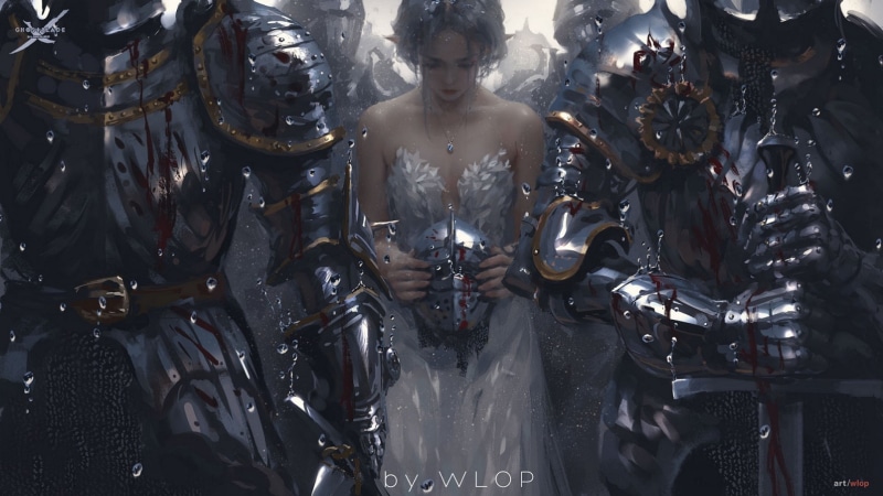 knights, white dress, blood, the convoy, experience, 1080P, grief, sword, rain, helmet, Wlop, armor plate, Princess