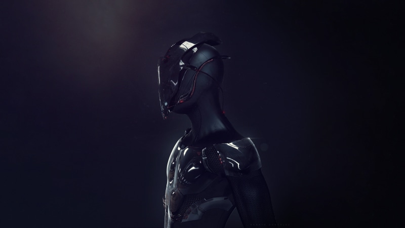 plastic, futuristic, digital art, character, robot, no People, mask, indoors, single object, cyborg, copy space, black background, sport, still life, video games