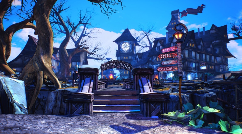 blue, flamerock, flamerock refuge, tree, nature, architecture, refuge, animated, sky, village, belief, illuminated, Games, dusk, built structure