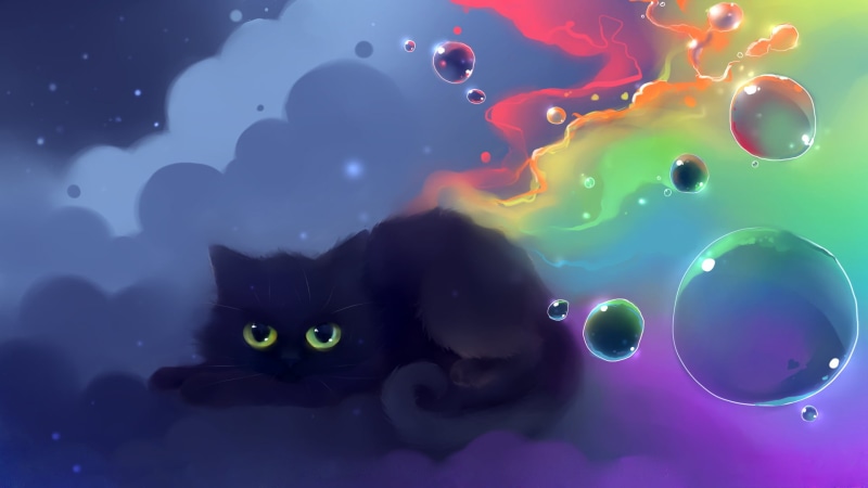 domestic, animal themes, shiny, artist apofiss, indoors, blue, black color, animal, multi Colored, nyan, circle, fantasy, bubble, water, 1080P, night