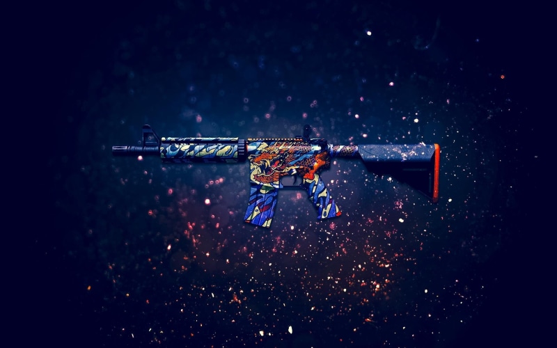  night, M4A4, motion, flying, technology, mid-air, assault, blue, sport, mode of transportation, rifle, water, 1080P, weapon, sky, transportation